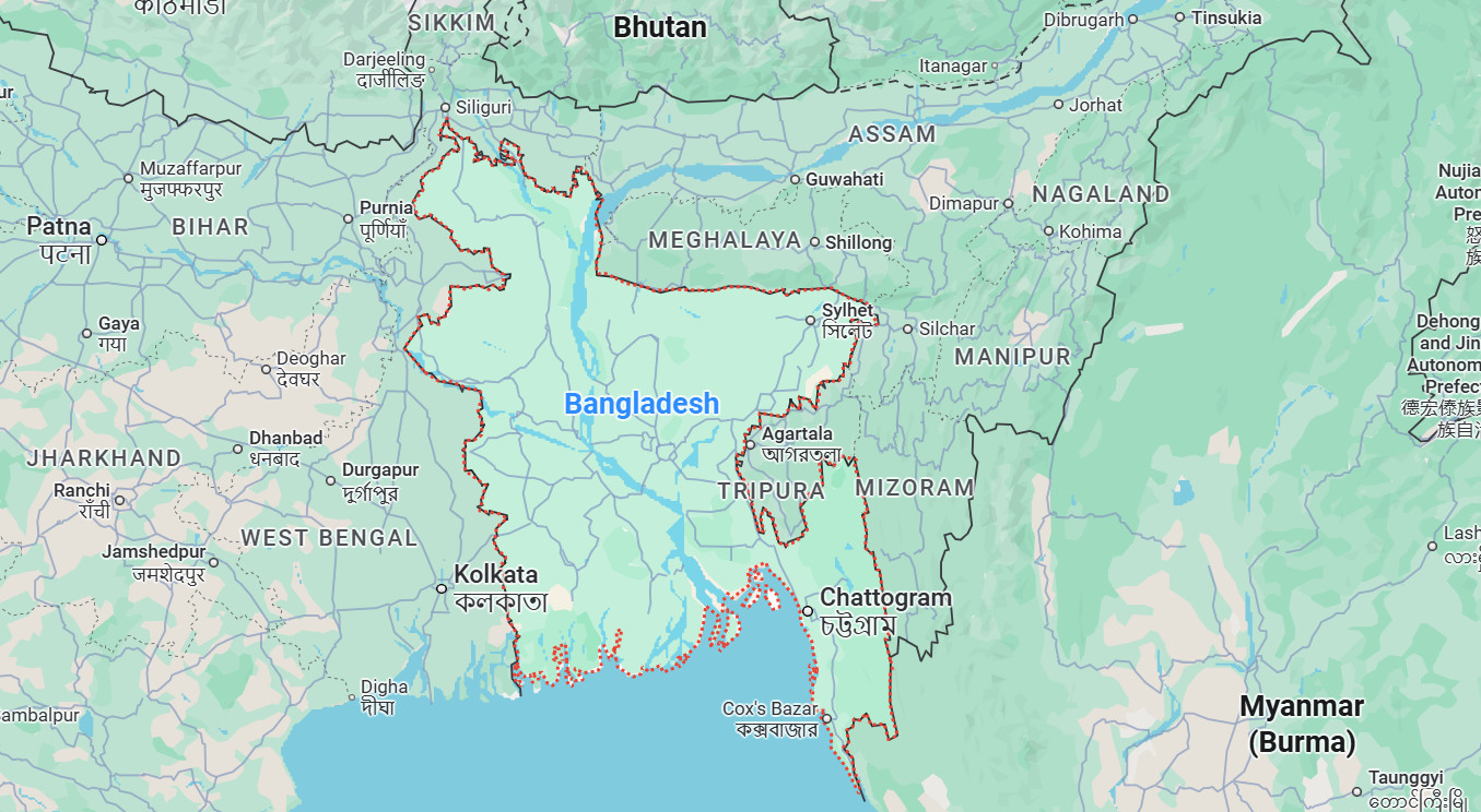 Bangladesh với phần lớn đất trũng, sông ngòi, dễ bị tổn thương vì biến đổi khí hậu - Ảnh: Google map